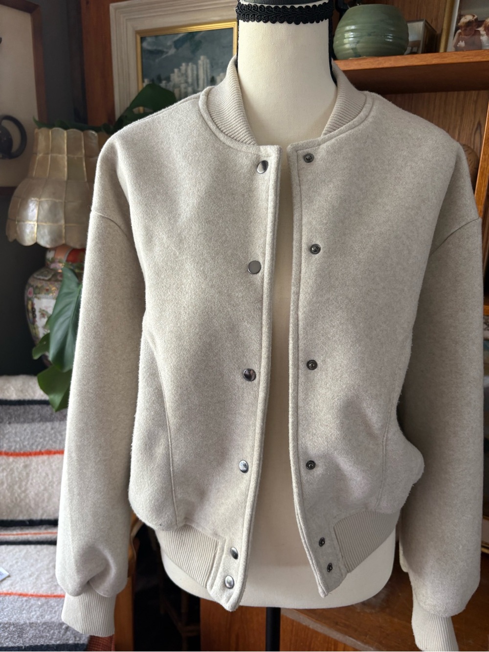 Cozy Athleisure Oatmeal Snap Front Bomber Varsity Jacket Philosophy S